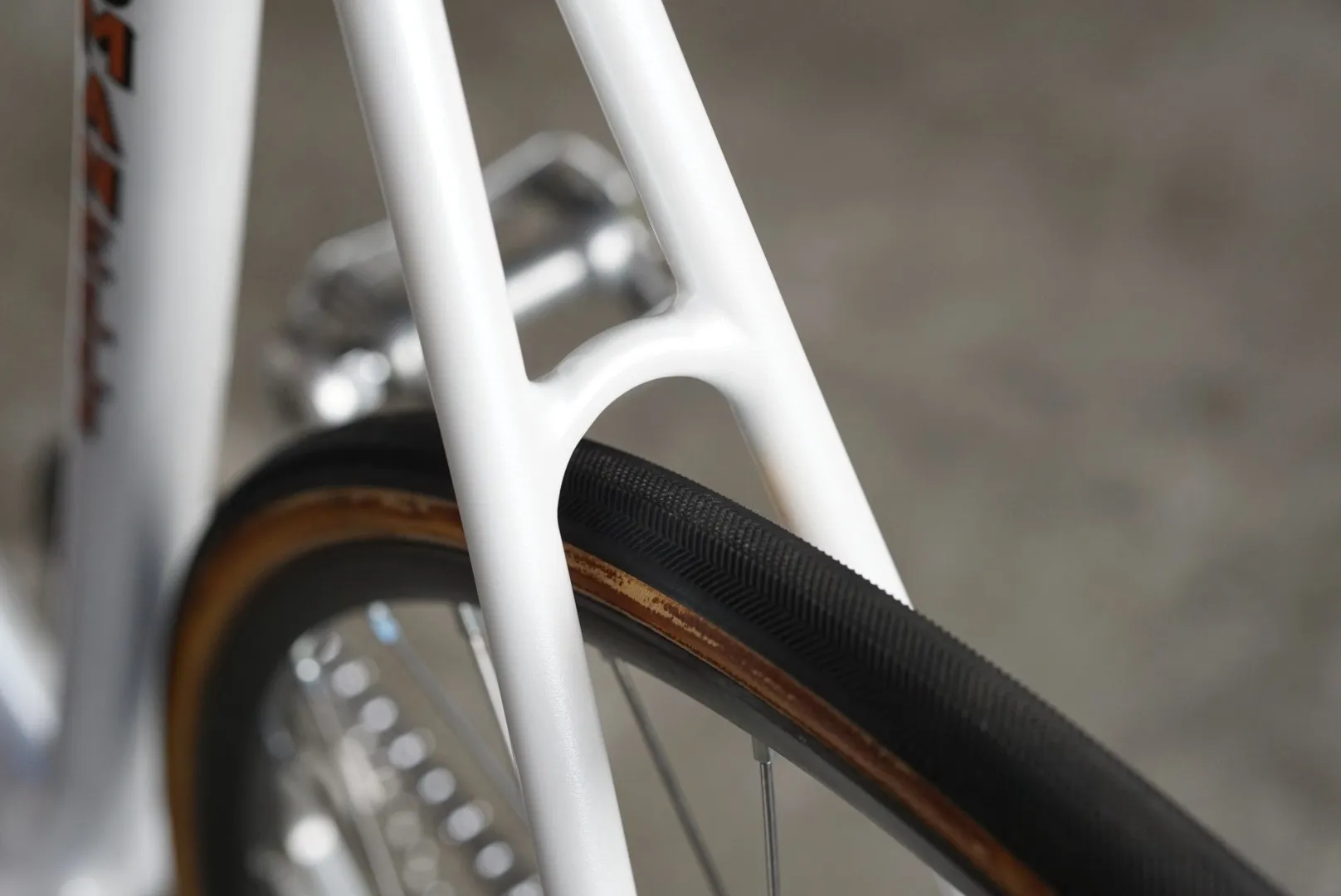 Carro posteriore bianco e passaggio del copertone — Romanelli Cicli Nose’ n’ toes Pursuit